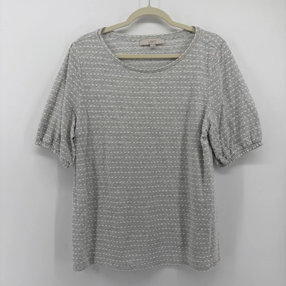 Loft Womens Large Gray‎ Puff Short Sleeve Textured Clip Dot Knit Blouse Top